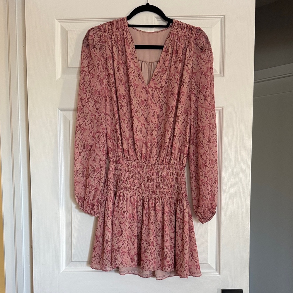 Pink Patterned Long-Sleeve Smocked Waist Dress